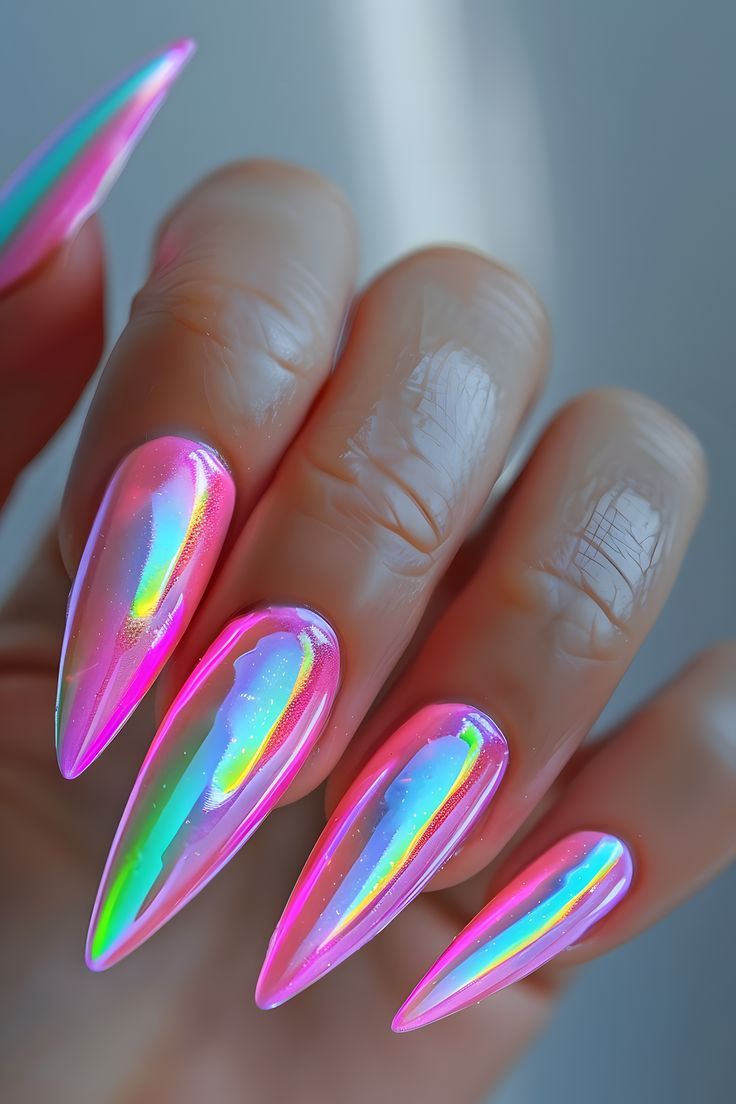 Neon Pink Chrome Nails, Chrome Nails Neon, Neon Nails Designs, Pink Nails Neon, Nails Neon Green, Neon Orange Nails, Pink Flower Nails, Neon Yellow Nails, Neon Pink Nails