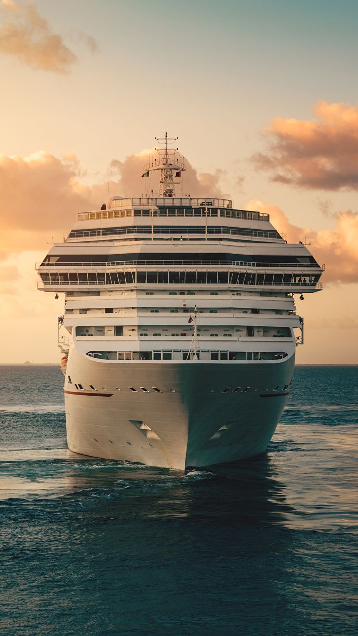 a large cruise ship in the ocean at sunset