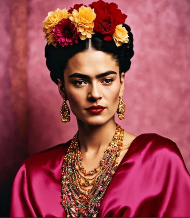 an image of a woman with flowers on her head and necklaces around her neck