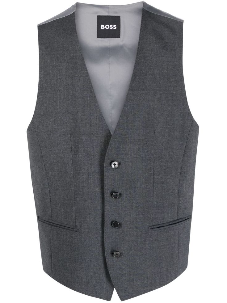 dark grey virgin wool blend satin finish plunging V-neck sleeveless front button fastening two front jetted pockets adjustable strap to the rear Outerwear Vest, Satin Finish, Hugo Boss, Single Breasted, Dark Grey, Wool Blend, Fashion Branding, Top Brands, Satin