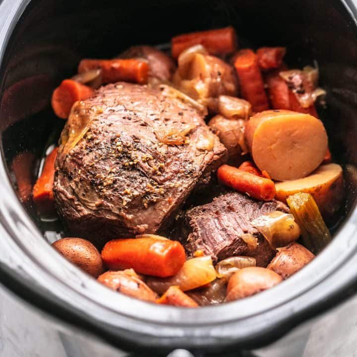 the meat and vegetables are being cooked in the slow cooker for dinner or stew