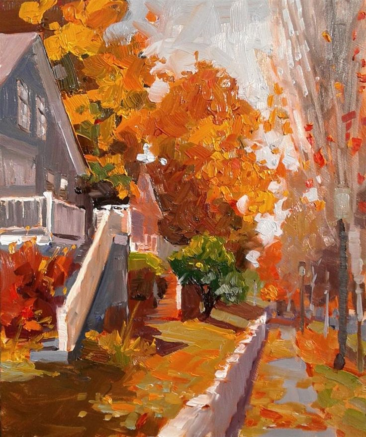 an oil painting of houses and trees in the fall