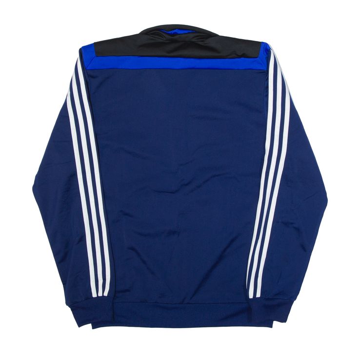 Item is in good used condition. >Size: S >Armpit To Armpit: 20" >Armpit To Cuff: 20" >Collar To Hem: 27" Blue Streetwear Outerwear With Three Stripes, Blue Stripe Outerwear For Streetwear, Blue Athleisure Track Jacket With Ribbed Cuffs, Athleisure Blue Track Jacket With Ribbed Cuffs, Blue Track Jacket With Ribbed Cuffs For Streetwear, Blue Sporty Track Jacket With Ribbed Cuffs, Blue Long Sleeve Track Jacket For Sports, Blue Long Sleeve Track Jacket For Sports Events, Blue Track Jacket With Three Stripes Branding