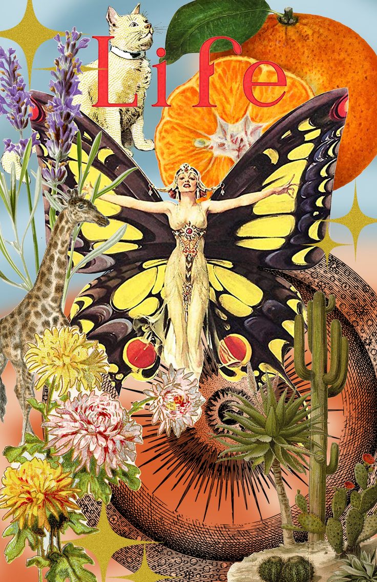 a painting of a woman surrounded by flowers and plants with a butterfly on her back