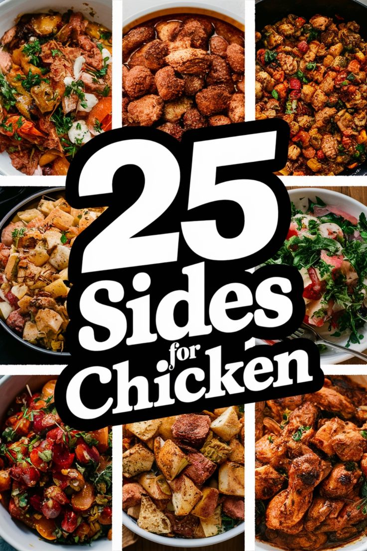 the cover of 25 sides for chicken is shown in four different pictures, including meat and vegetables