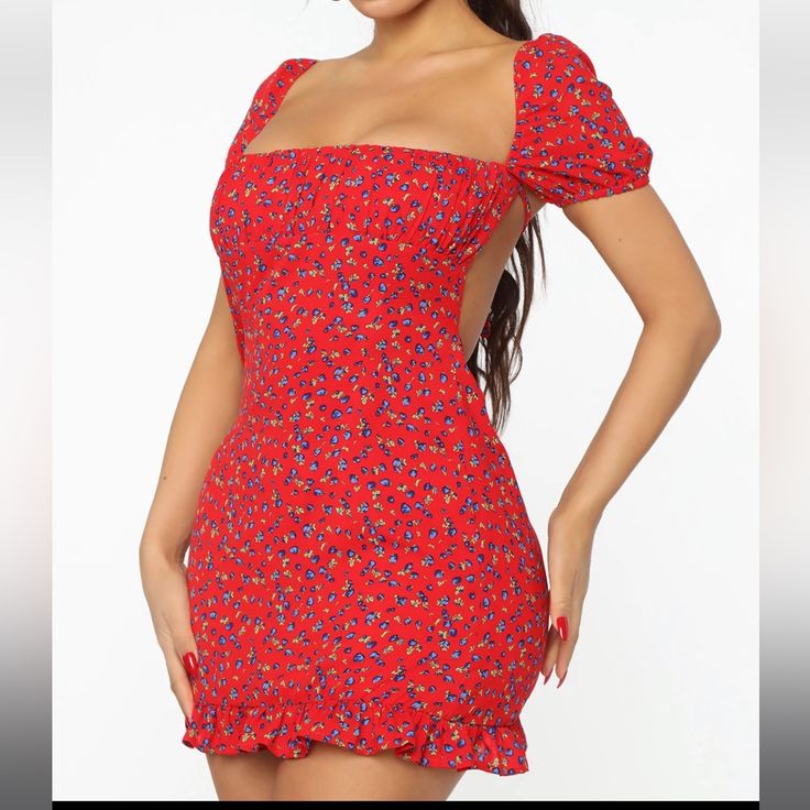 New Fashion Nova Mini Party Dress Flirty Red Dress With Square Neck, Flirty Red Floral Print Dress, Red Flirty Mini Dress For Beach, Red Flirty Mini Dress For The Beach, Flirty Red Mini Dress For Beach, Flirty Red Mini Dress For The Beach, Red Flirty Dress For Vacation, Flirty Red Dress For Day Out, Red Floral Print Mini Dress