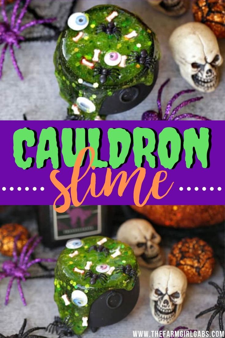 halloween decorations with the words cauldron slime on it and skulls in front