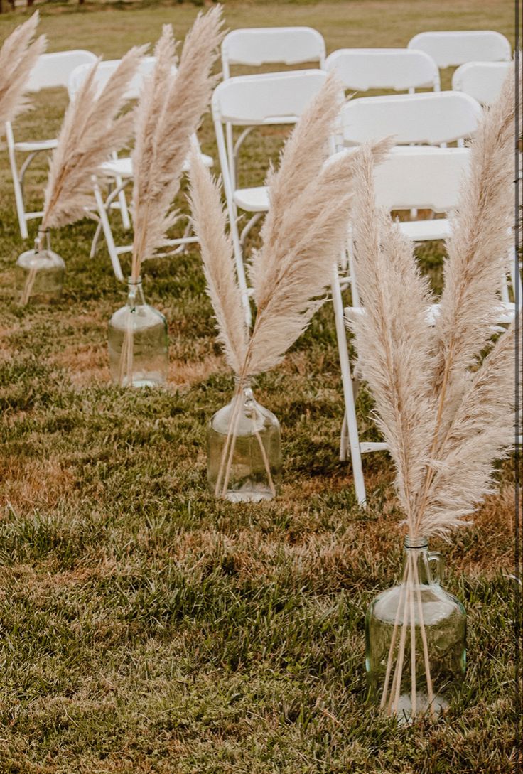 rows of white chairs sitting on top of a grass covered field next to each other