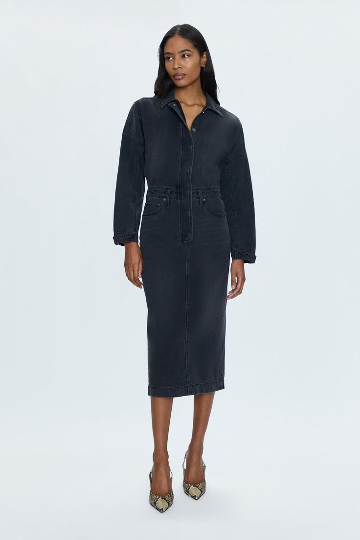 Rigid denim dress with a midi length skirt, designed with a dropped, dollman sleeve silhouette. Center button and zippered closure, collared neckline and cuffed long sleeves. Coupe is a washed black colored denim with subtle notes of fading and whiskering. 100% Cotton Sleeve Silhouette, Best Swimwear, Denim Midi Dress, Knit Jumpsuit, Jumpsuit Jacket, Midi Length Skirts, Midi Dress With Sleeves, Mid Dresses, Denim Jumpsuit