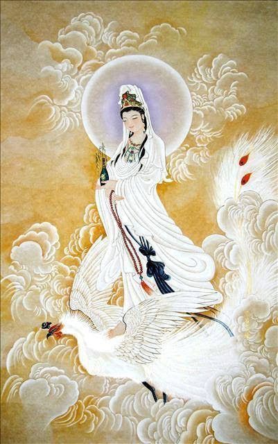 a painting of a woman riding on top of a white goose in front of clouds