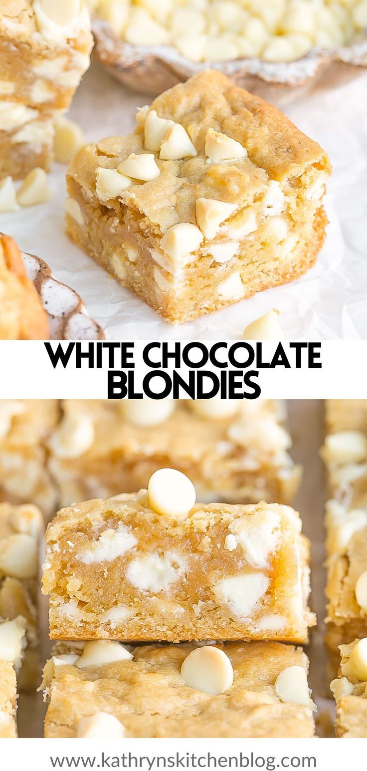 white chocolate blondies are stacked on top of each other with almonds in the middle