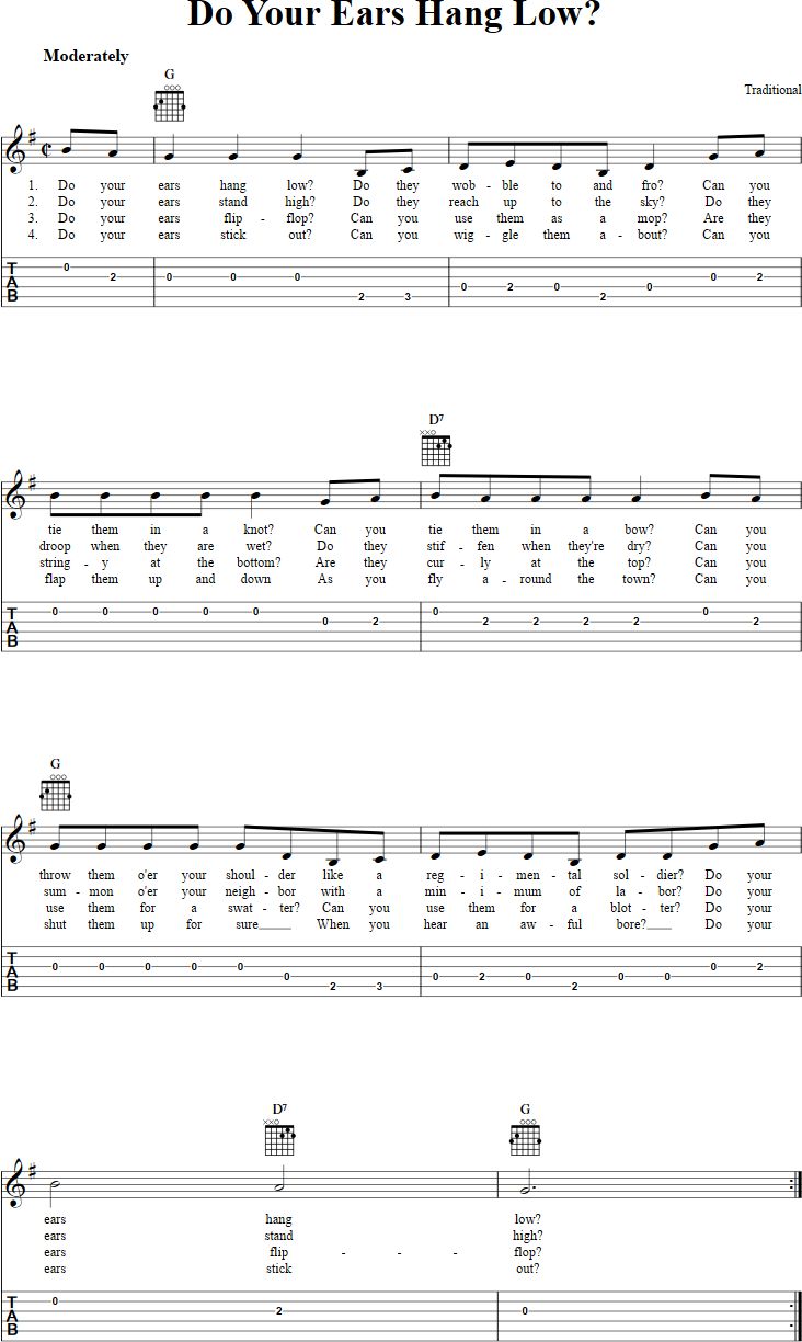 sheet music with the words do your ears hang low?