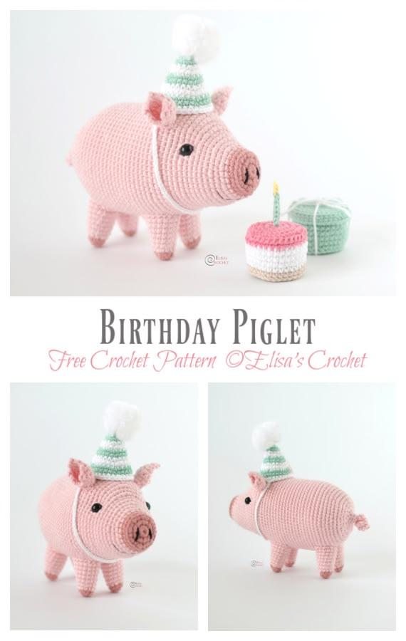 the pig is wearing a birthday hat and holding a cake