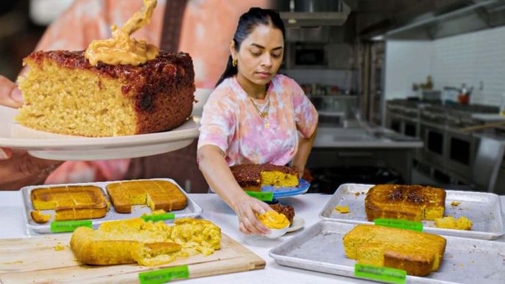 a woman holding a plate with cake on it in front of other plates and trays