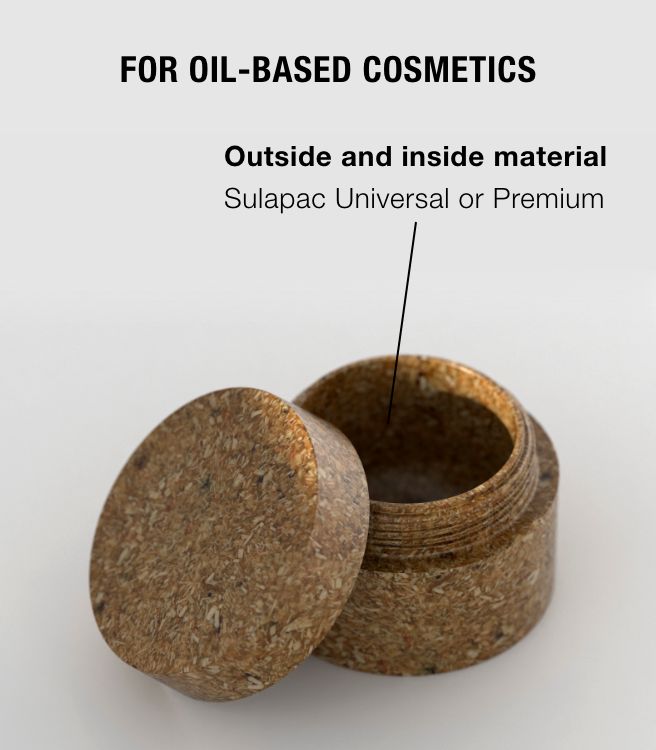 two cork containers with labels on them labeled for oil - based cosmeticss, outside and inside metal supaac universal or premium