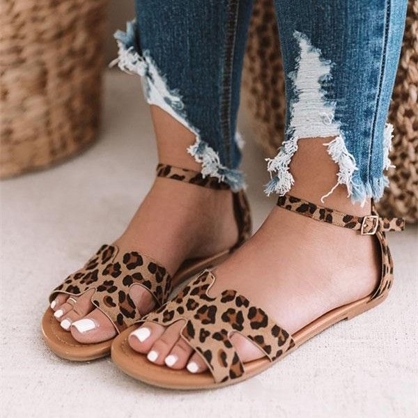 Low Sandals, Ankle Strap Sandals Flat, Leopard Print Flats, Buckled Flats, Ankle Strap Flats, Low Heel Sandals, Peep Toe Sandals, Casual Date, Buckle Shoes