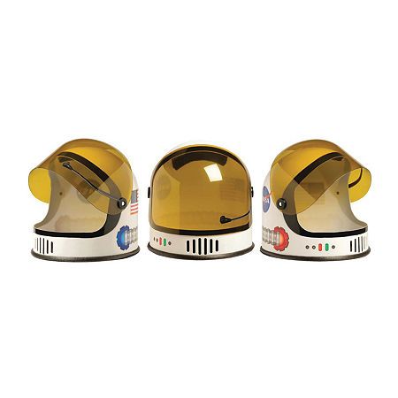 three helmets with different designs on them, one is yellow and the other is white