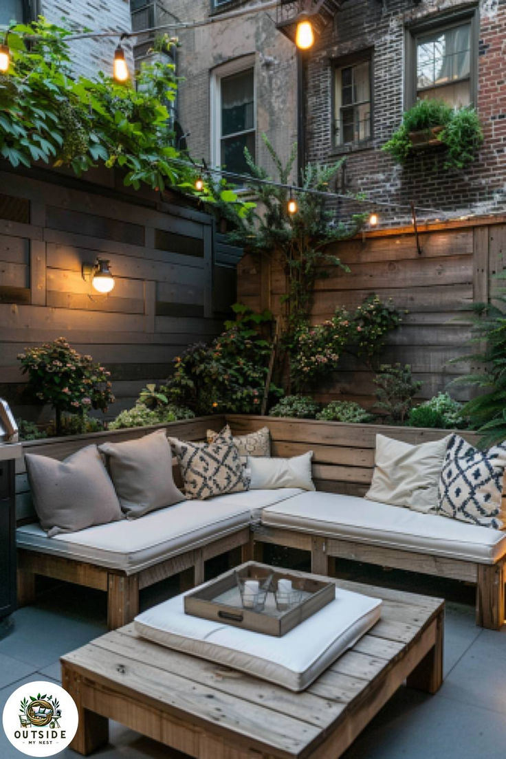 an outdoor living area with couches, tables and lights