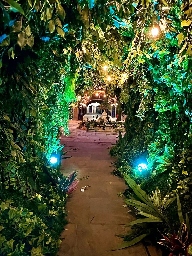 an archway with lights in the middle of it surrounded by greenery and trees at night