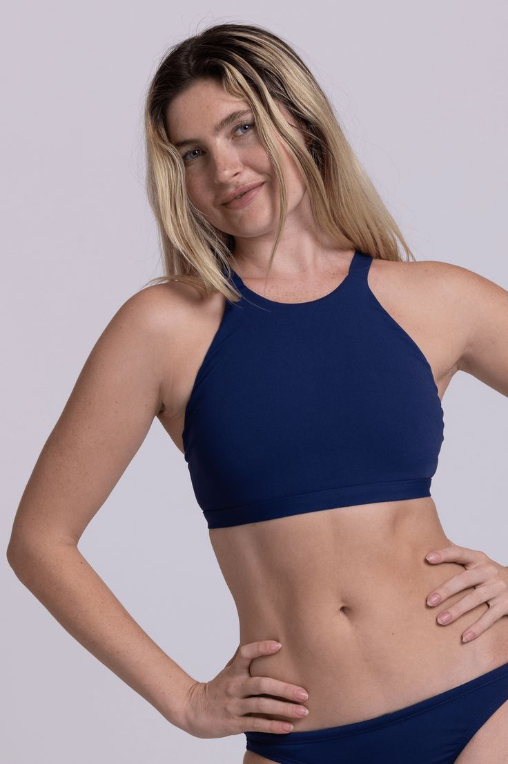 Navy Sporty Full Coverage Moisture-wicking Sports Bra, Sports Swimwear With Built-in Bra And Scoop Neck, Blue Sports Swimwear With Moisture-wicking, Fitted Navy Moisture-wicking Swimwear, Navy Moisture-wicking Sports Swimwear, Swim Practice, Pool Activities, Ocean Activities, Hot Yoga