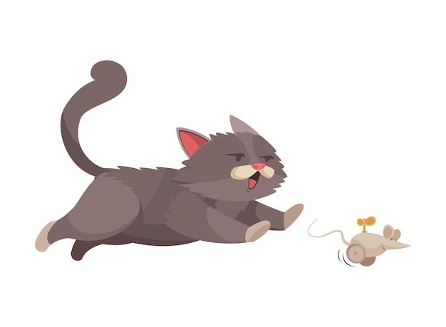 a cat chasing a mouse with its mouth open and it's tail curled up