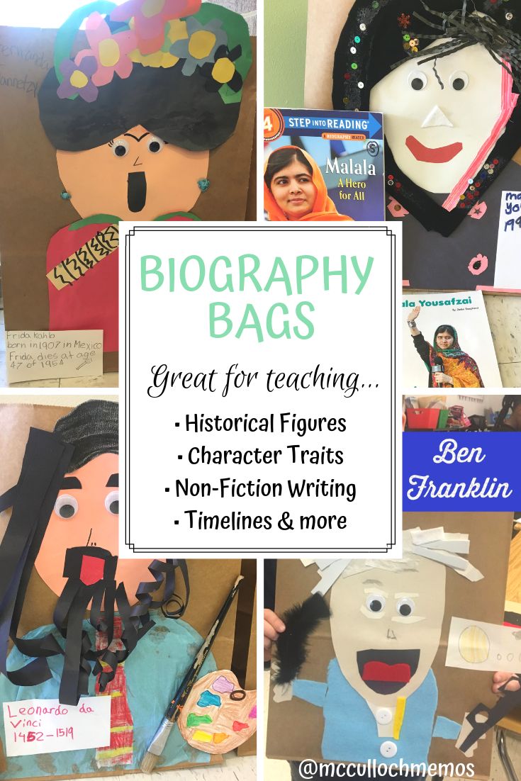 children's books and crafts are featured with the words, biography bags great for teaching historical figures character texts non - fiction writing