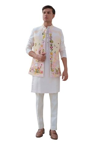 Multicolor bundi with thread embroidery in floral pattern. Paired with ivory kurta and trouser. - Aza Fashions Unstitched Nehru Jacket With Floral Embroidery For Wedding, White Sleeveless Kurta With Zari Work, Traditional Sleeveless Bandhgala With Chikankari Embroidery, Nehru Jacket With Floral Embroidery For Reception And Festivals, Floral Embroidered Nehru Jacket For Reception And Festivals, Floral Embroidered Nehru Jacket For Festivals And Receptions, White Sleeveless Nehru Jacket With Resham Embroidery, Festival Nehru Jacket With Floral Embroidery For Reception, Wedding Nehru Jacket With Floral Embroidery For Transitional Season