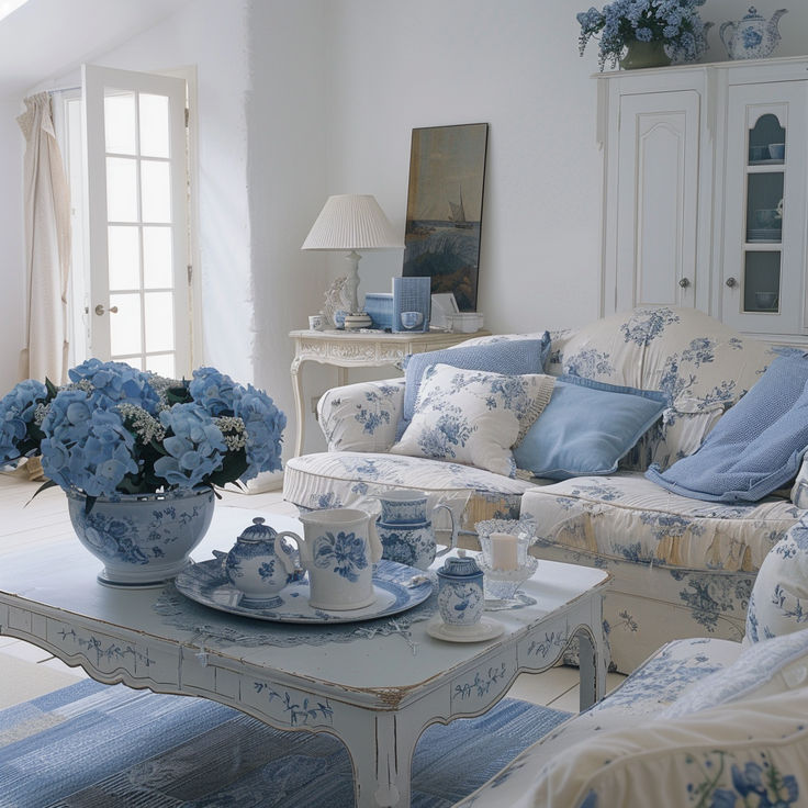 a living room filled with furniture and blue flowers in vases on the coffee table