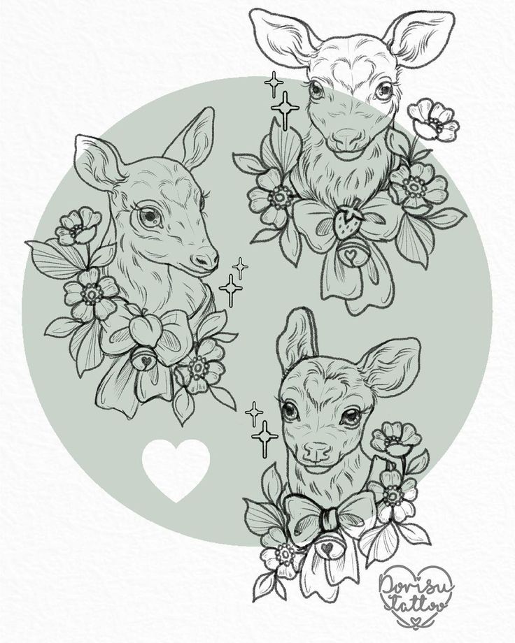 two deers with flowers and hearts on their heads, one in the shape of a heart