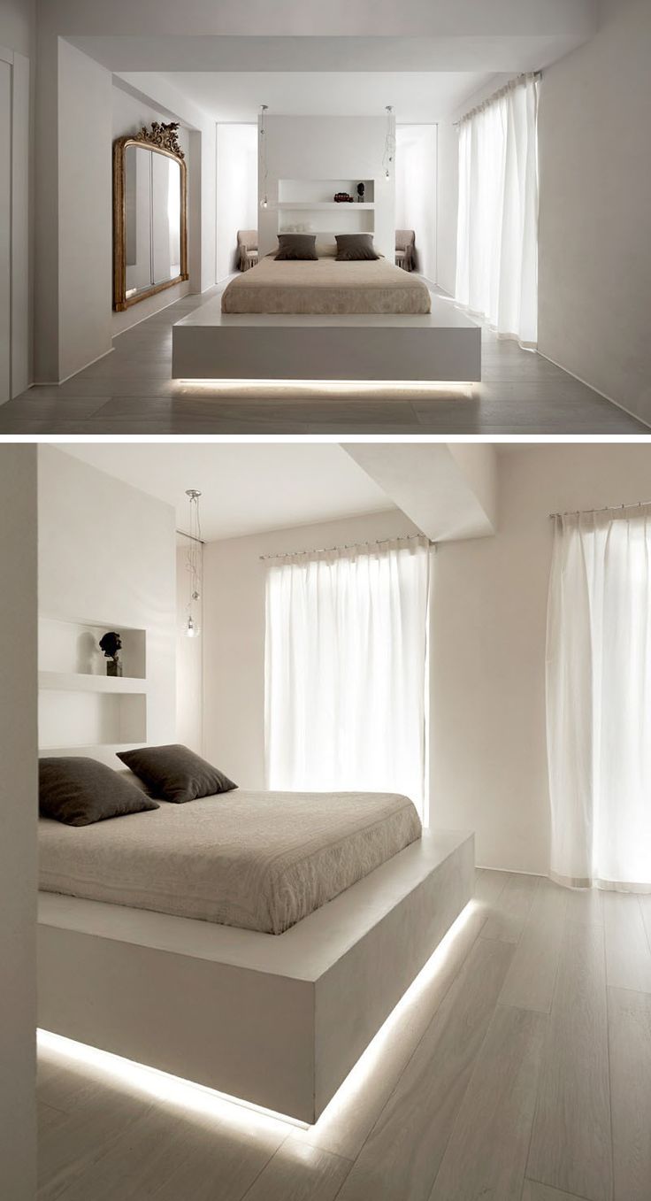 two pictures of a bedroom with white walls and flooring, one has a bed in it