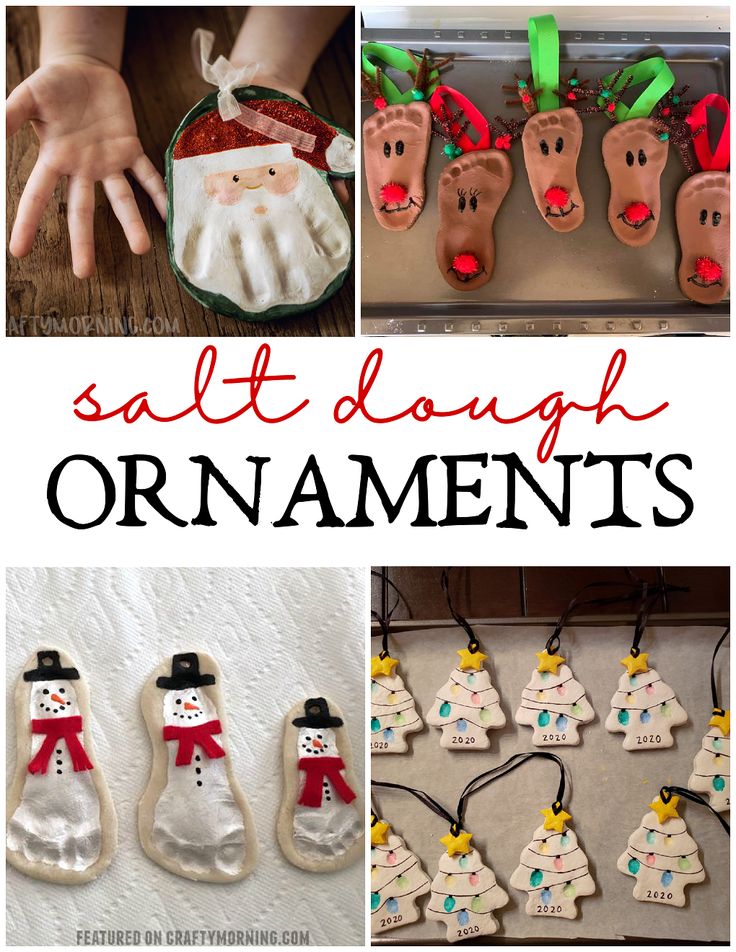 salt dough ornaments and handprinted snowmen are featured in this collage with text that reads salt dough ornaments ornaments