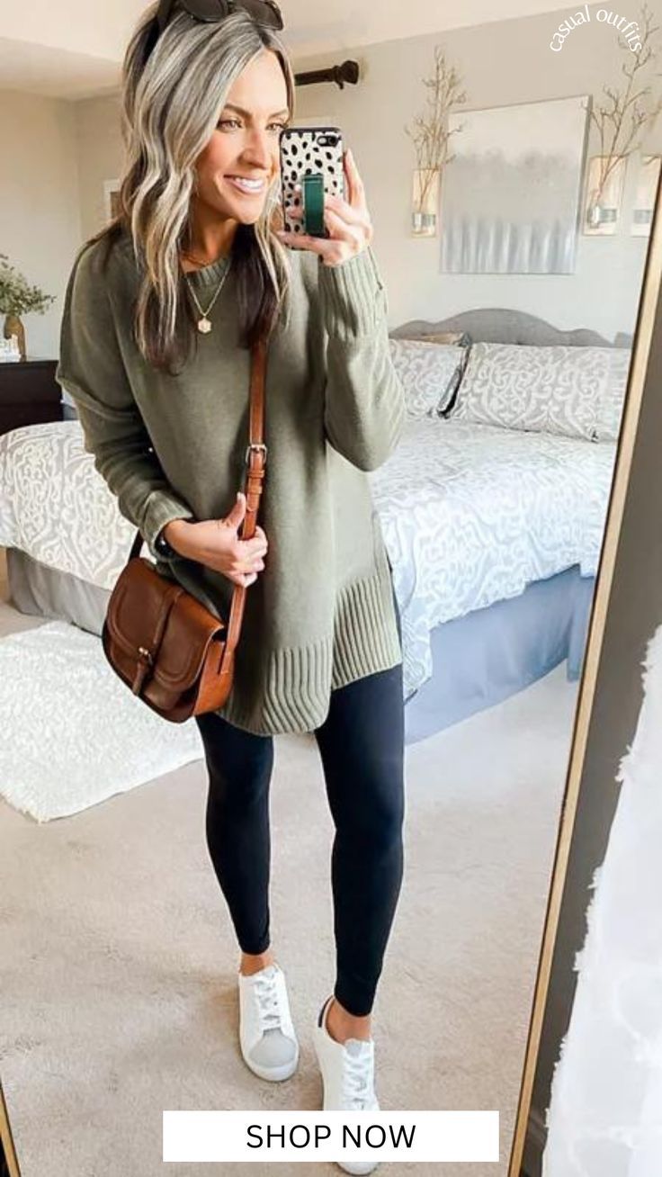 Legging Friendly Sweaters! How to Style a Sweater with Leggings. Out For Dinner Outfit, Winter Outfits Dress, Winter Outfits Casual Leggings, Sweater With Leggings, Mom Outfits Winter, Leggings Outfit Spring, Sweater Leggings Outfit, Comfy Work Outfit, Mom Outfits Fall