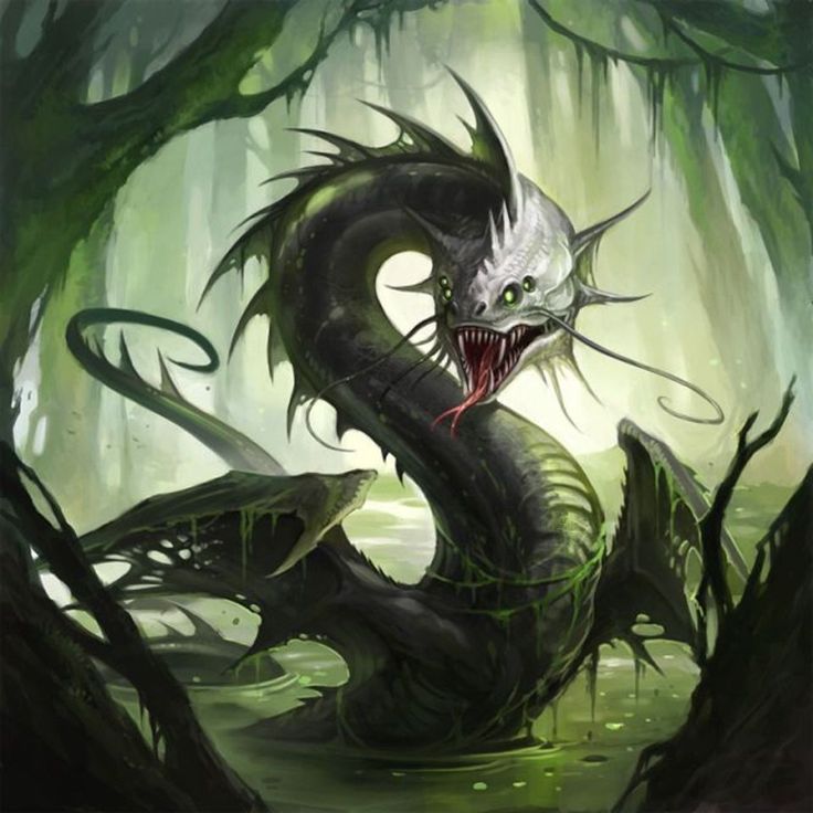 a dragon with its mouth open sitting in the middle of a swamp filled with trees