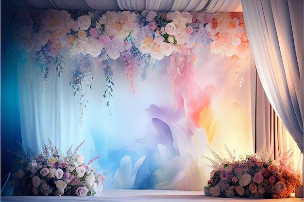 an image of a wedding stage setting with flowers and curtains on the wall behind it