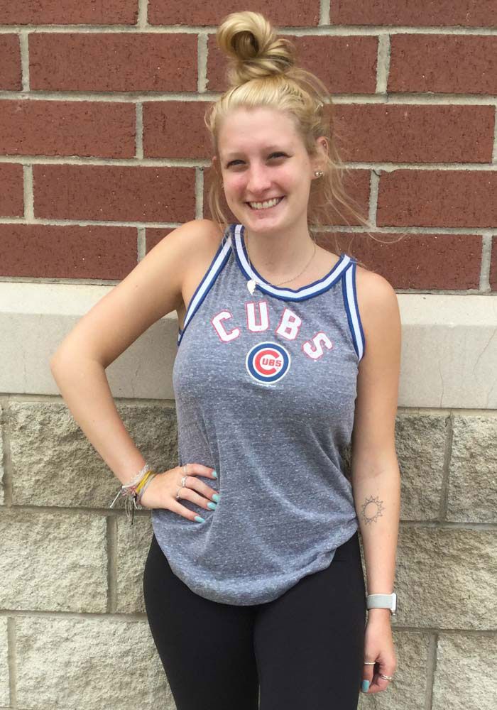 Chicago Cubs Womens Grey Flocked Triblend Tank Top - 88884071 Collegiate Stretch Tops For Sports Events, Collegiate Gray Tops For Sports Season, Collegiate Style Gray Tops For Sports Season, Collegiate Tops For Sports Events, Gray Tops For Game Day During Sports Season, Gray Tops For College Sports Season, Team Spirit Stretch Tops For Sports Events, Casual Three Stripes Tops For Game Day, Sporty Stretch Tops With Contrast Trim