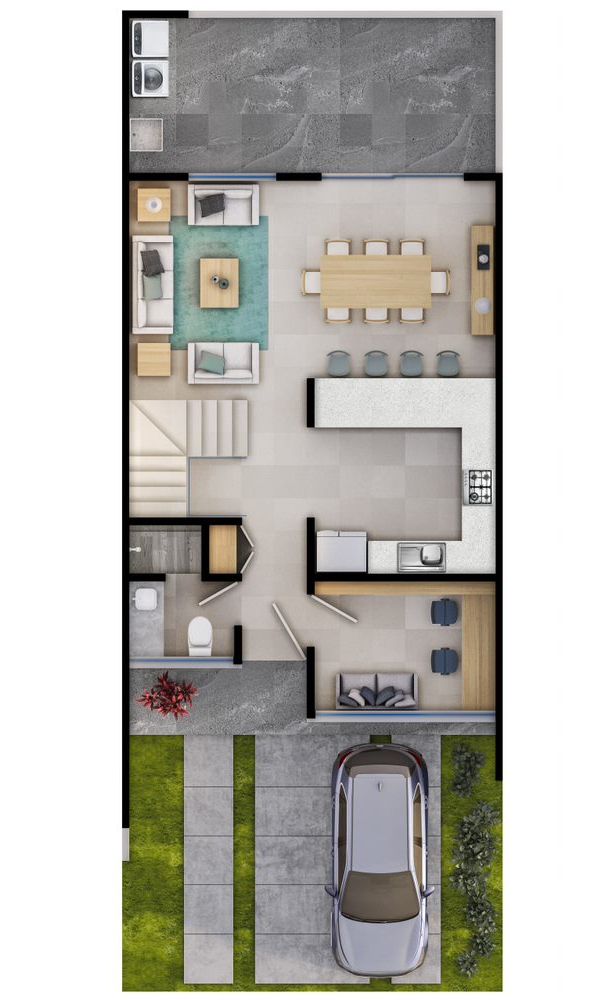 an overhead view of a floor plan with two cars parked in the driveway and one car parked