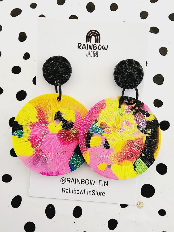 At Rainbow Fin I hand make unique handcrafted, earrings made from resin and mixed media.  All earrings are handmade with love may feature slight imperfections and inconsistencies. I only list items that I would wear myself.  Please be aware that the colours may display differently on computer/phone screens and monitors. Every attempt has been made to represent the product and colours as accurately as possible. Multicolor Round Resin Earrings, Hand Painted Multicolor Party Earrings, Hand Painted Multicolor Earrings For Party, Multicolor Resin Earrings For Pierced Ears, Handmade Funky Dangle Earrings, Artsy Multicolor Earrings For Party, Funky Handmade Yellow Earrings, Handmade Funky Yellow Earrings, Funky Yellow Handmade Earrings