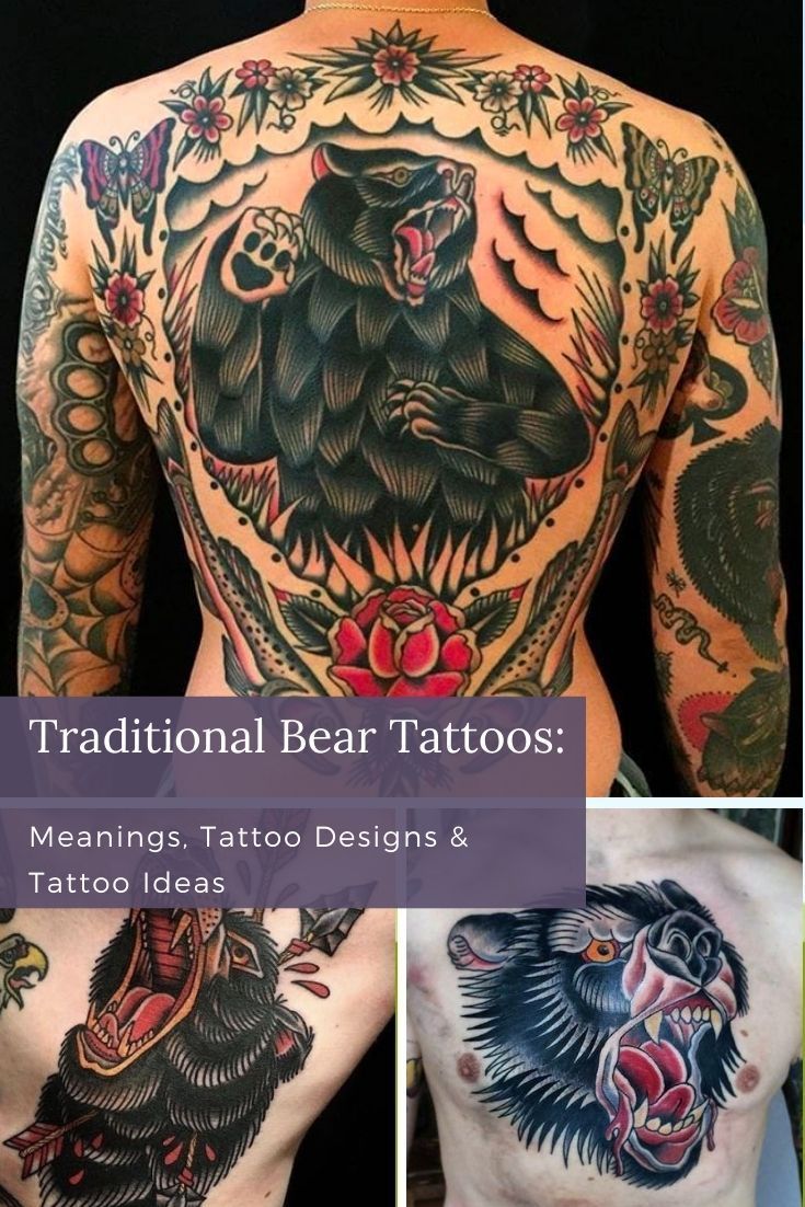 the back of a man's chest with tattoos on it and an image of a bear