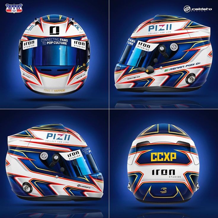 four different views of the helmet worn by drivers on their respective teams, from front to back