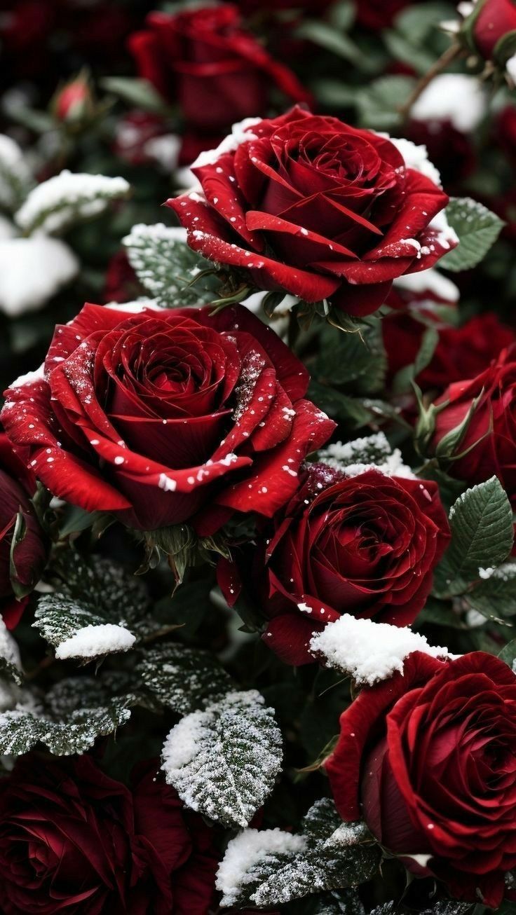 red roses with snow on them and green leaves