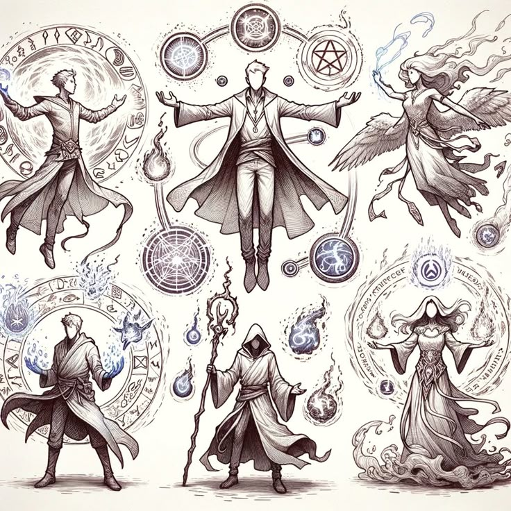 an image of some wizard characters in different poses on a white background with circles and symbols around them