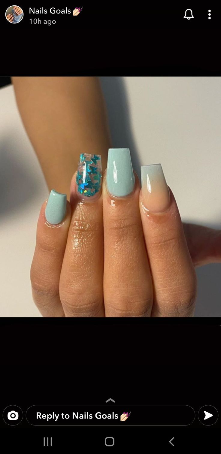 Baby Blue Butterfly, Butterfly Sweet 16, Sweet 16 Nails, French Tip Acrylics, Hoco Nails, Blue Coffin Nails, Butterfly Nail Designs, Teal Butterfly, Teal Nails