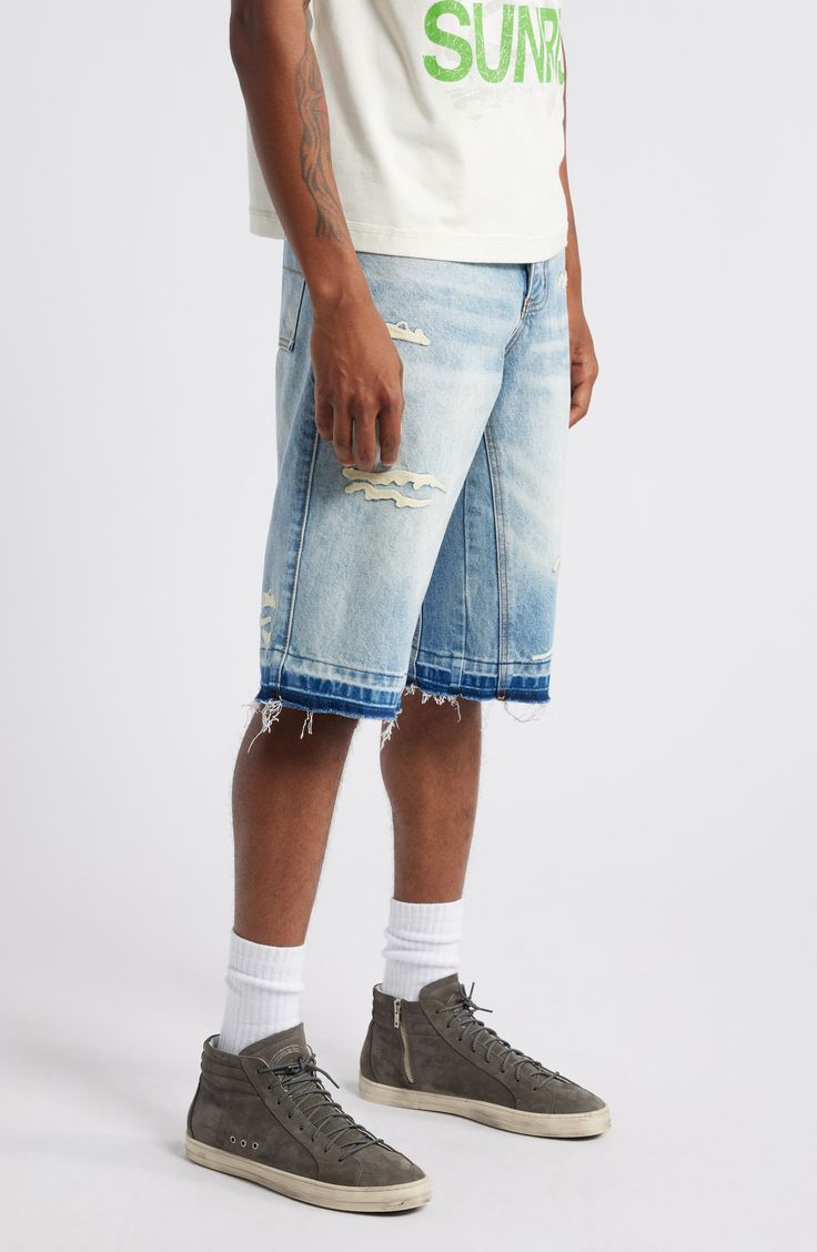 Well-faded nonstretch denim brings an old-favorite look and feel to shorts decorated with ocean-wave embroidery and relaxed with unrolled, threadbare hems. 14" inseam; 23" leg opening; 12 1/2" front rise; 16" back rise (size 32) Zip fly with button closure Five-pocket style 100% cotton Machine wash, line dry Imported Five-pocket Summer Shorts, Summer Cutoff Rigid Denim Bottoms, Summer Cutoff Rigid Denim Jeans, Casual Rigid Denim Cutoff Bottoms, Faded Rigid Denim Bottoms For Summer, Summer Washed Blue Rigid Denim Bottoms, Summer Medium Wash Rigid Denim Bottoms, Washed Blue Rigid Denim Summer Bottoms, Washed Blue Rigid Denim Bottoms For Summer