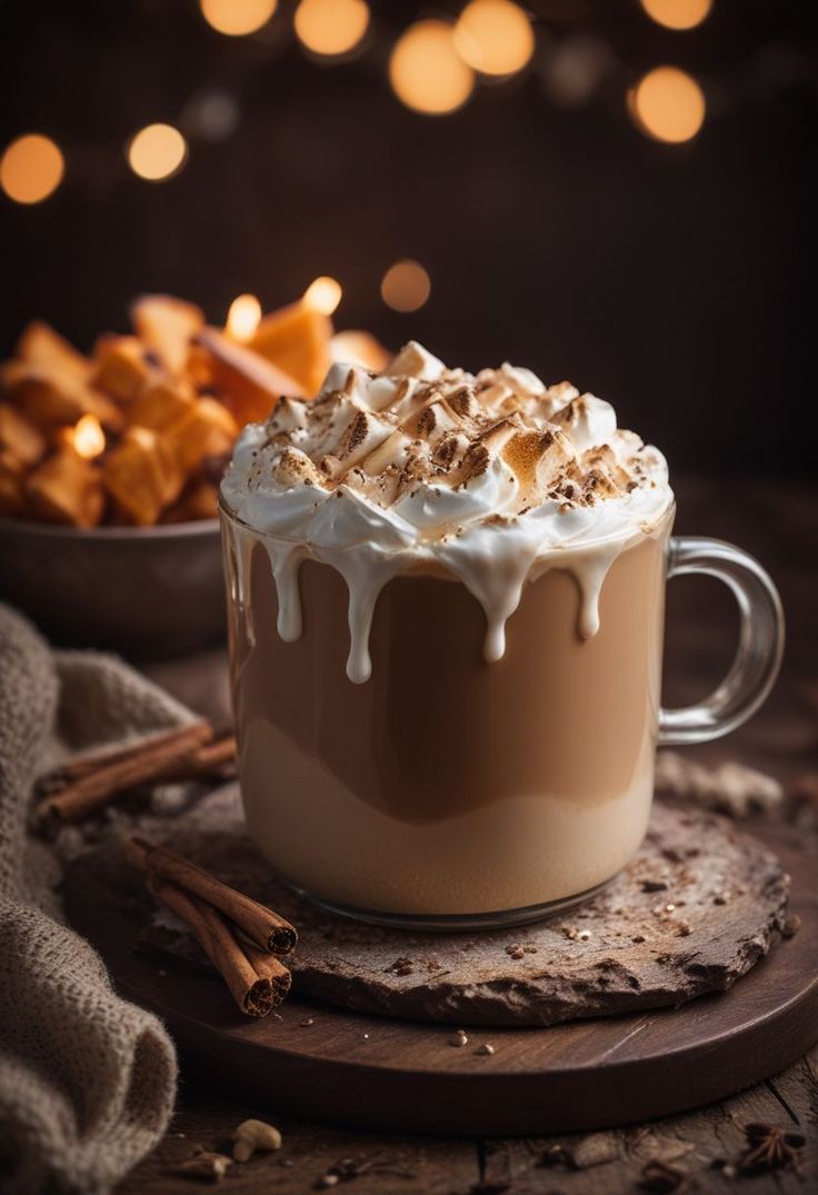 a cup of hot chocolate with marshmallows and cinnamon sticks on the side