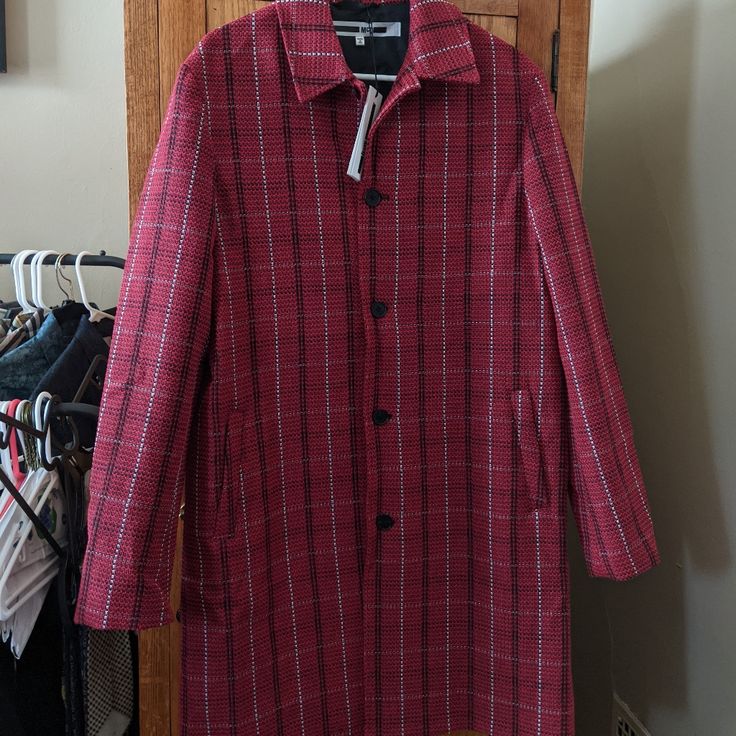 Mcq By Alexander Mcqueen Amazing Red Tartan Plaid Coat / Trench New With Tags Authentic Super Comfy Linen And Polyester Knit Blend Fabrication Fully Lined Split Back Tail Tagged Size 46 / Men's Small Red Long Coat With Button Closure, Red Long Sleeve Outerwear With Button Closure, Red Long Sleeve Workwear Outerwear, Burgundy Fitted Long Sleeve Outerwear, Burgundy Long Sleeve Outerwear For Work, Red Fitted Collared Outerwear, Red Fitted Long Coat, Red Fitted Long Sleeve Outerwear, Fitted Red Long Sleeve Outerwear