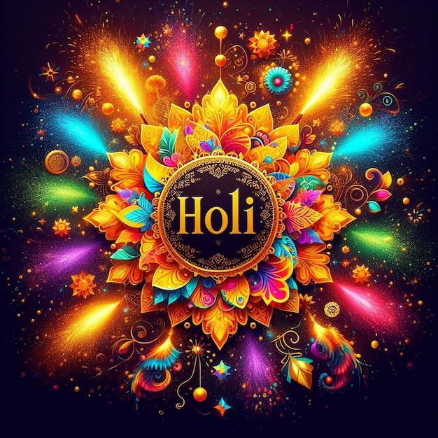 the word holi surrounded by colorful flowers and leaves on a dark background with sparkles