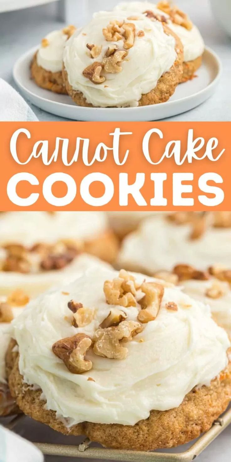 carrot cake cookies with cream cheese frosting and walnuts on top are the perfect dessert