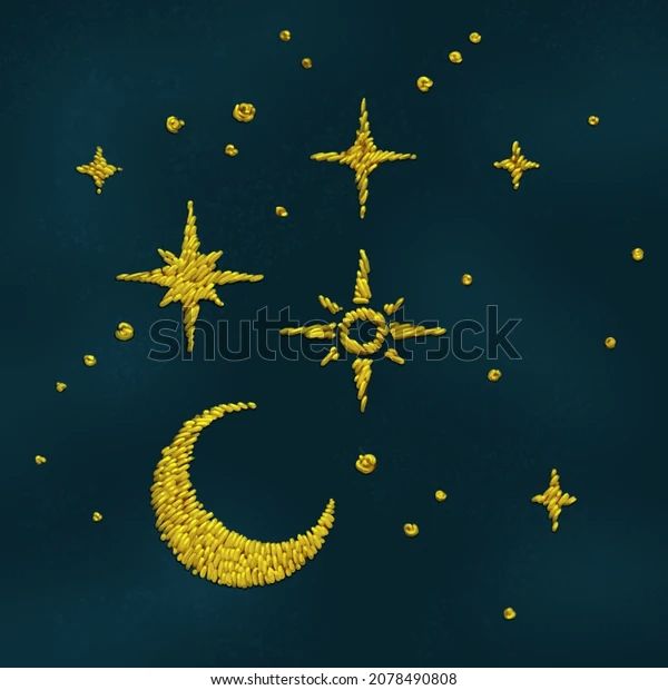 the moon and stars are drawn in gold on a dark blue background with small bubbles