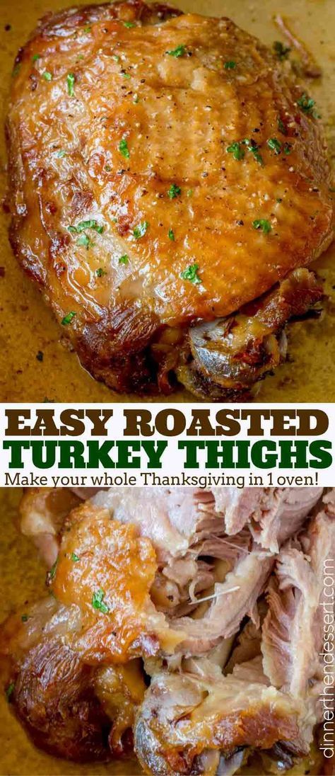 two pictures of roasted turkey thighs with parsley on top and in the middle