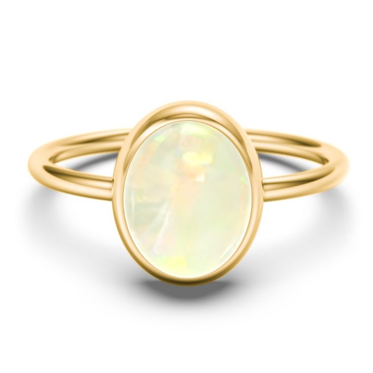 10K Yellow Gold Oval Cab Gemstone Ring with Opal Stone | Jewlr October Gemstone, Bezel Set Cabochon, Moonstone Stone, Cabochon Ring, Oval Rings, Peach Moonstone, Opal Stone, Blue Chalcedony, Gemstone Ring